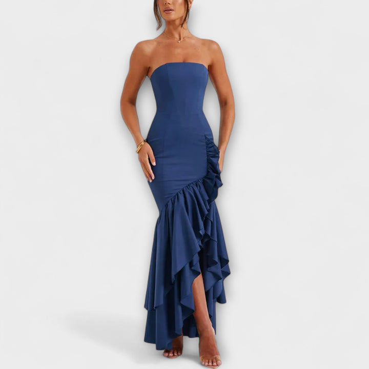 Zuri - Vestido maxi con hombros al descubierto y dobladillo asimétrico