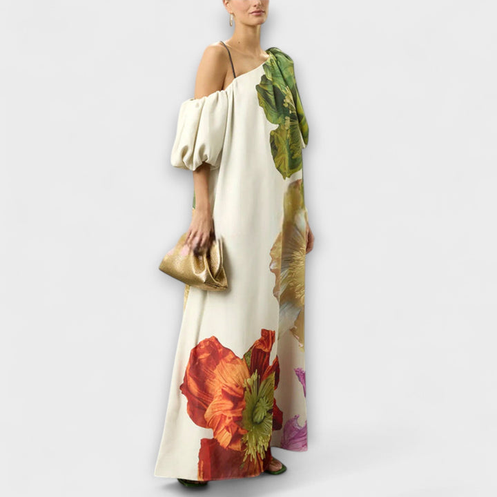 Skylar - Maxi vestido con estampado floral, escote asimétrico y mangas abullonadas