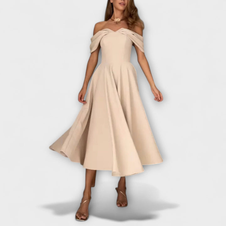Romy - Maxi vestido chic off-the-shoulder con drapeado