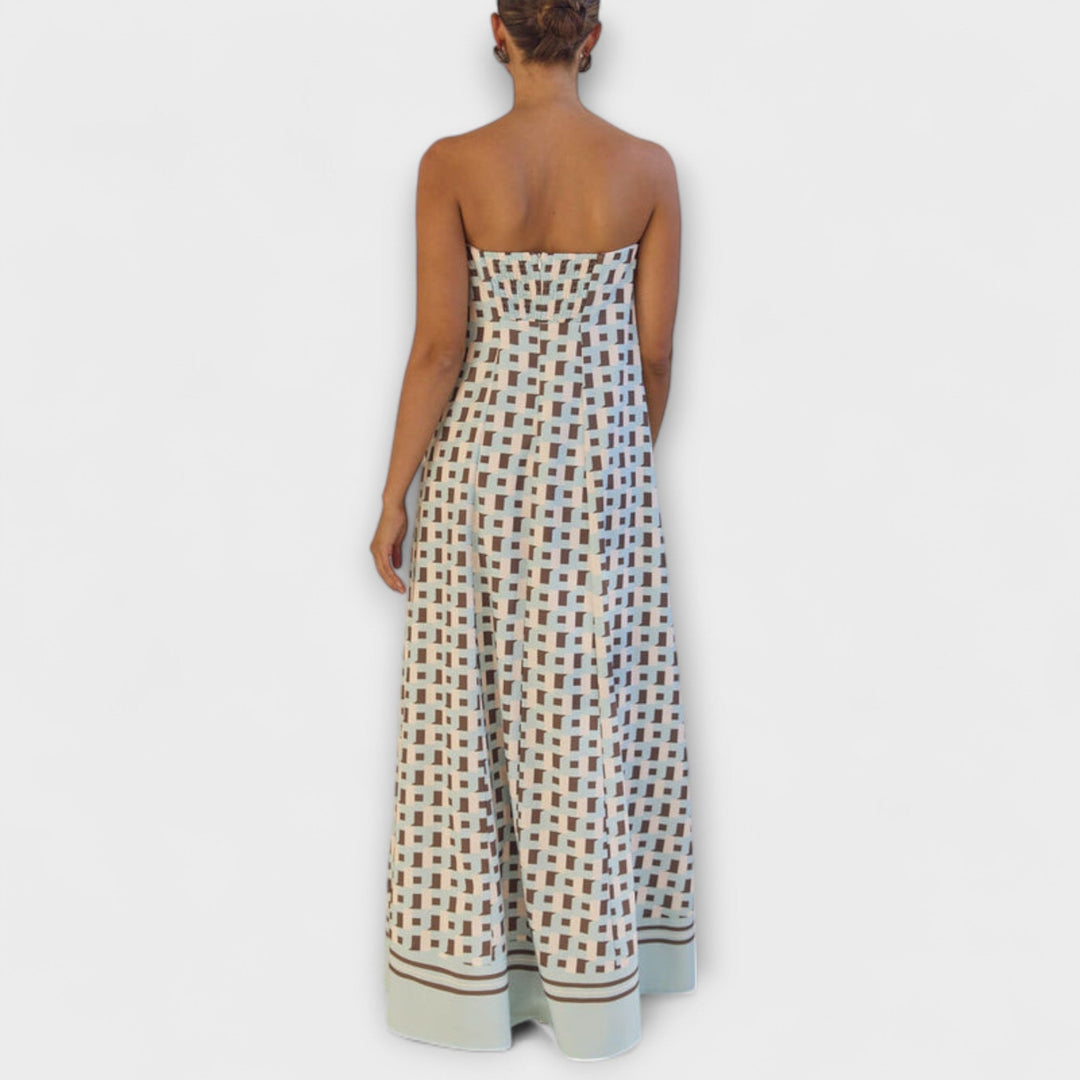 Rjava - Vestido maxi geométrico único con hombros al descubierto