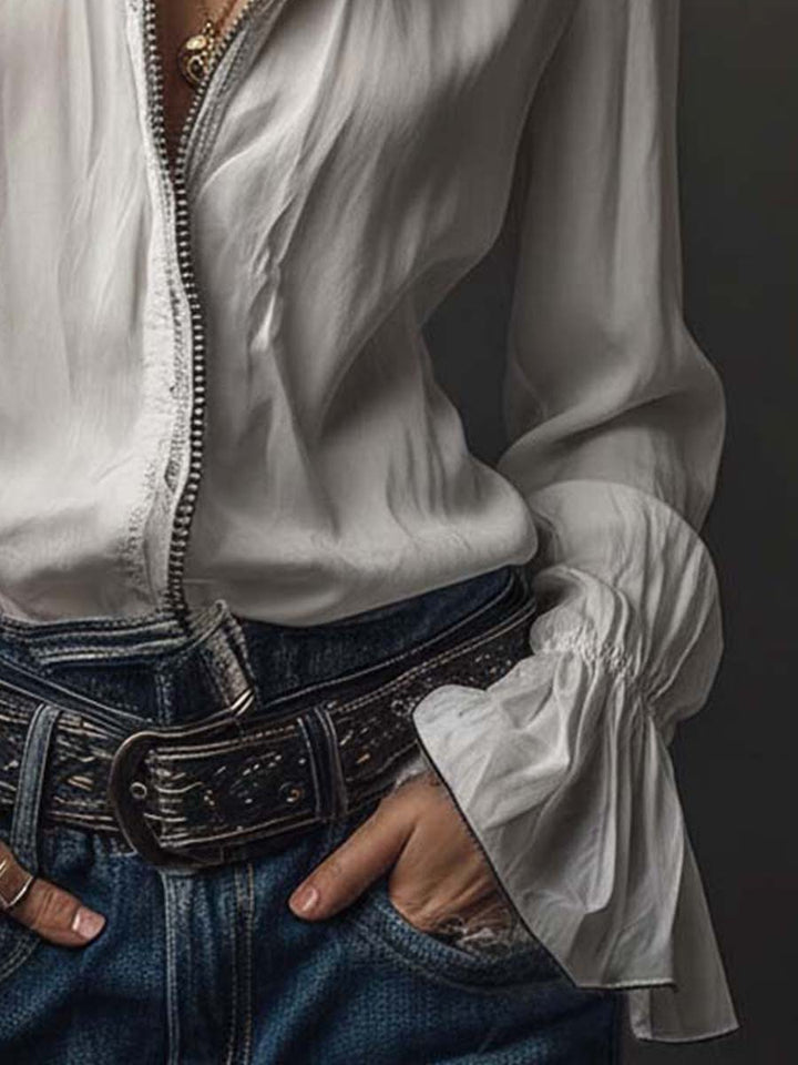Ana · Blusa Blanca Cremallera con Volantes