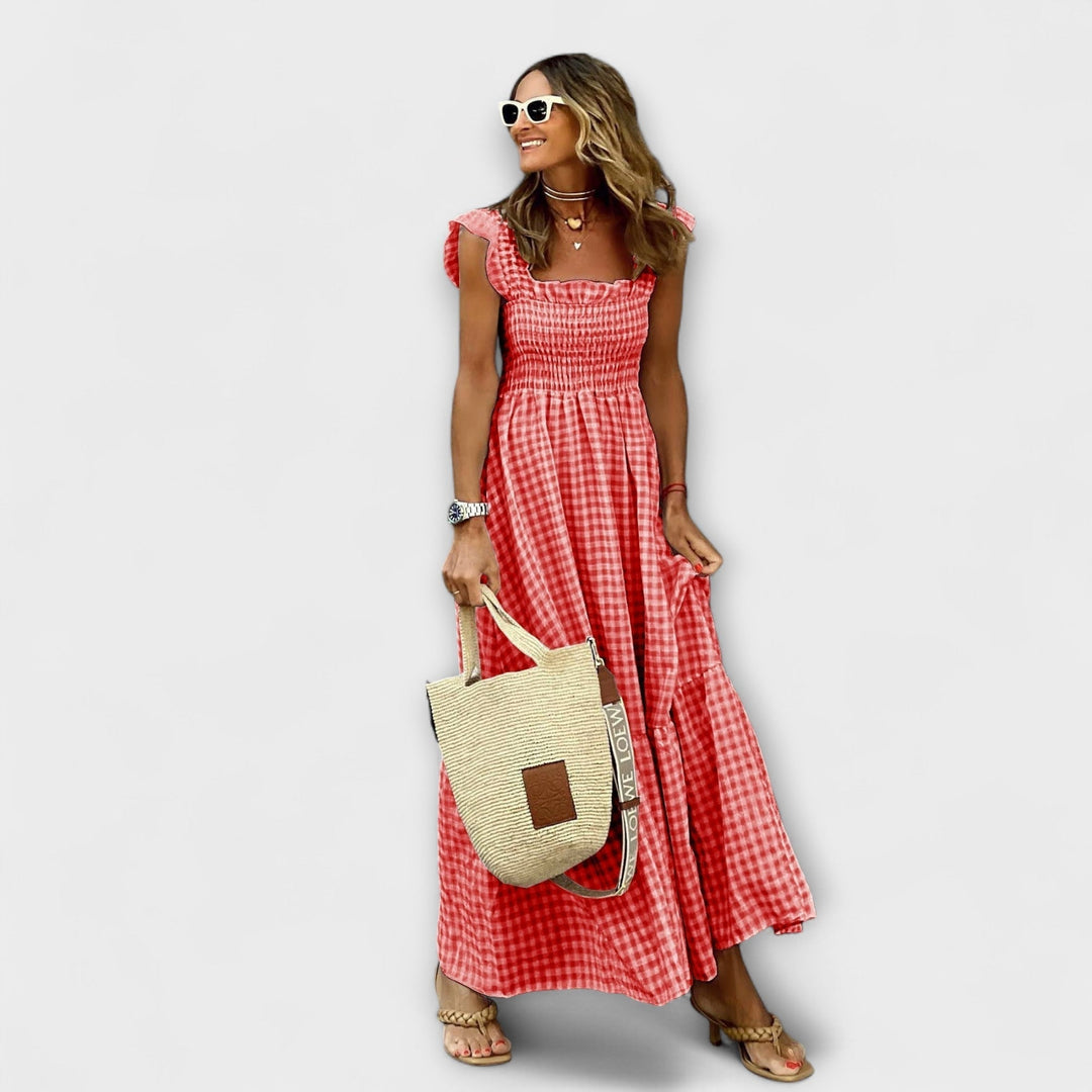 Vestido Maxi de Cuadros con Mangas Voladas