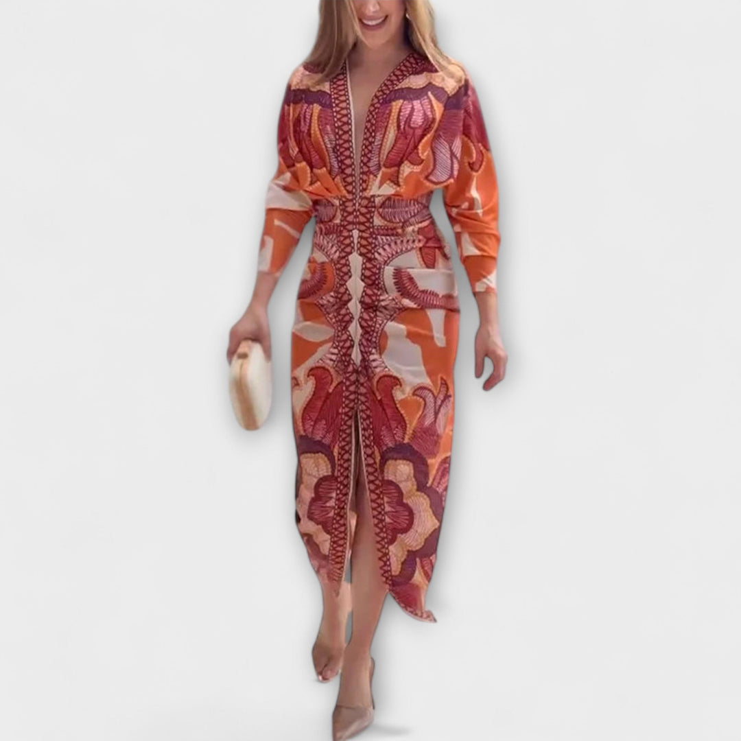 Cleo - Vestido midi único con mangas dolman y estampado brasileño