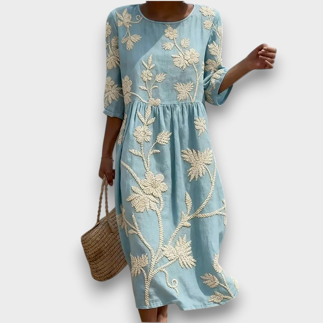 Kimberly | Vestido Midi con Estampado de Plantas y Flores