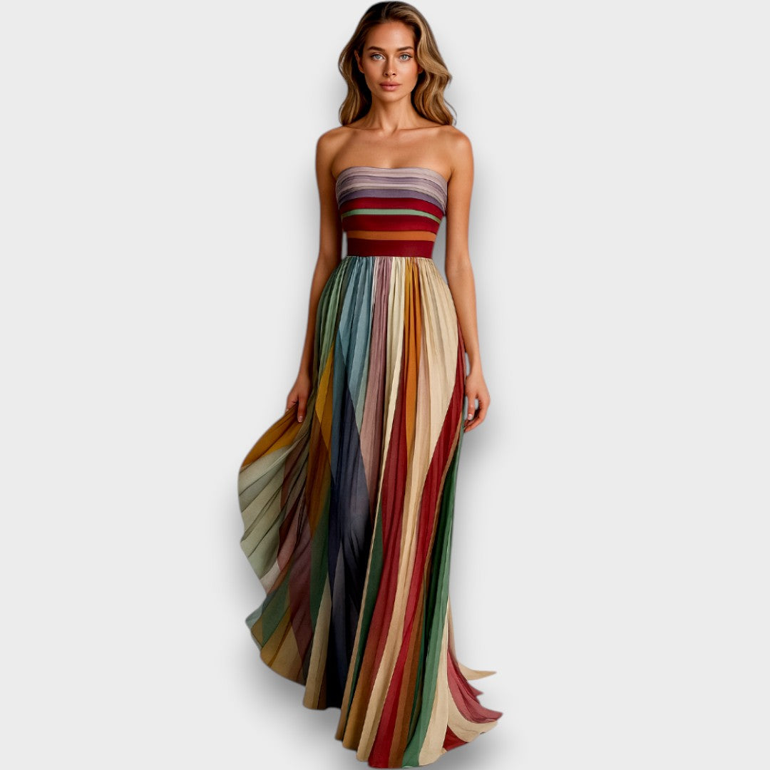 Melissa - Vestido maxi multicolor con rayas plisadas