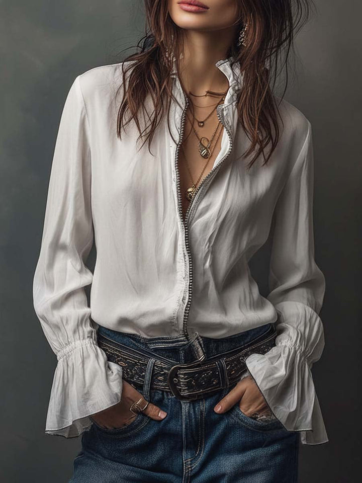 Ana · Blusa Blanca Cremallera con Volantes