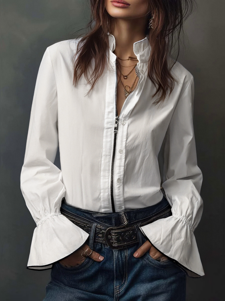 Ana · Blusa Blanca Cremallera con Volantes
