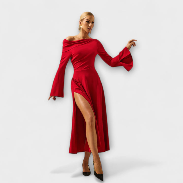 Willa - Vestido midi con hombros descubiertos y mangas abullonadas