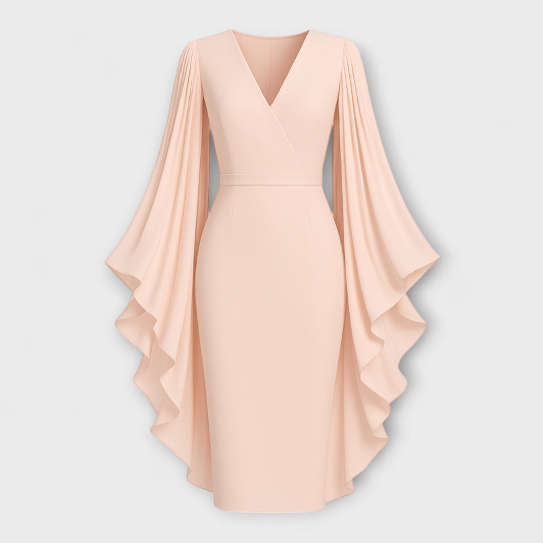 Rachel - Vestido midi rosa con escote en V y mangas de gasa