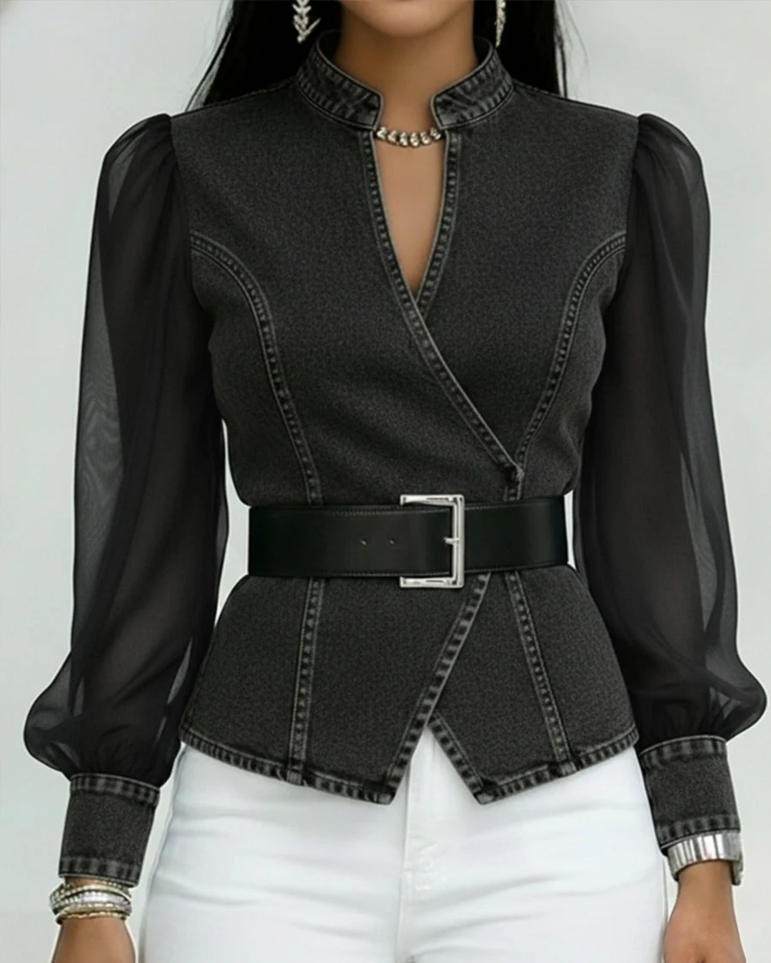 Alessia | Top vaquero con mangas de chiffon ligero
