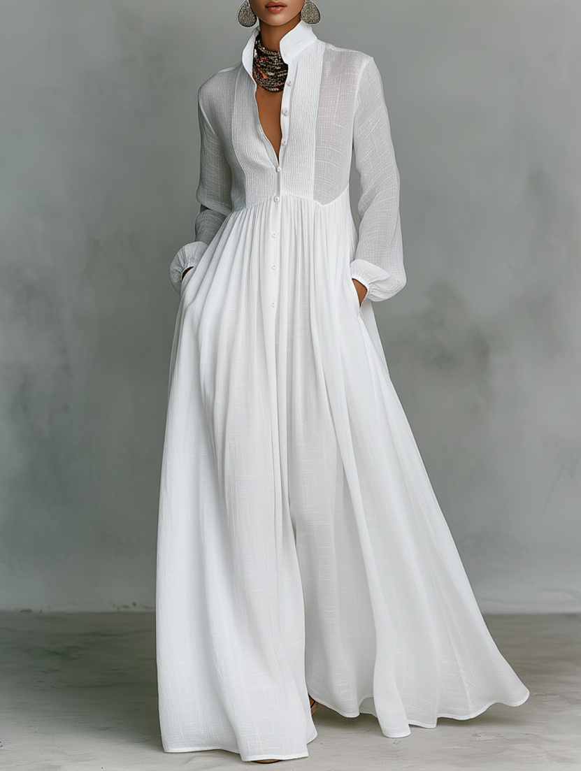 Alba Montiel™ | Vestido minimalista de algodón y lino con patchwork, cuello alto y mangas largas