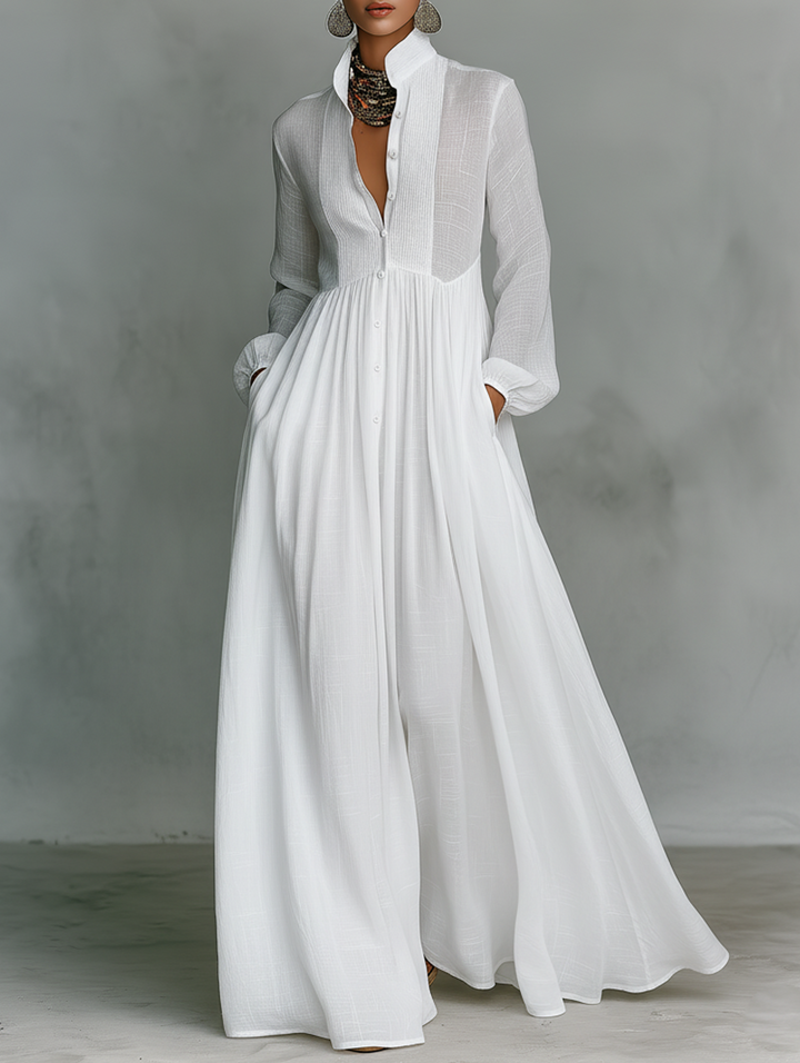 Alba Montiel™ | Vestido minimalista de algodón y lino con patchwork, cuello alto y mangas largas
