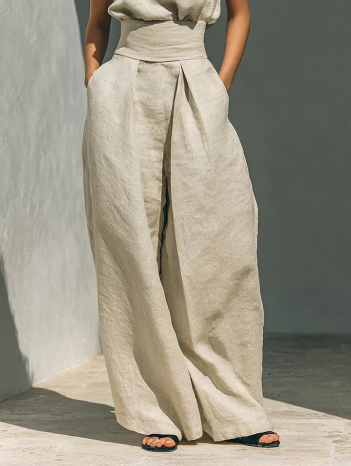 Flor | Conjunto minimalista de blusa sin mangas y pantalón de pernera ancha en algodón y lino para mujer