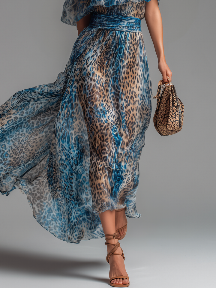 Silvestre - Vestido largo de gasa con estampado de leopardo y hombros descubiertos