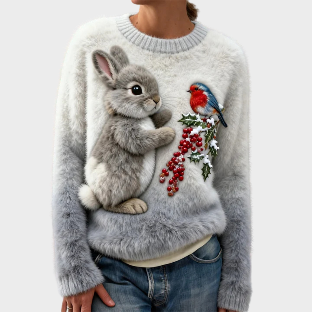 Klementína - Suéter de peluche con conejo navideño