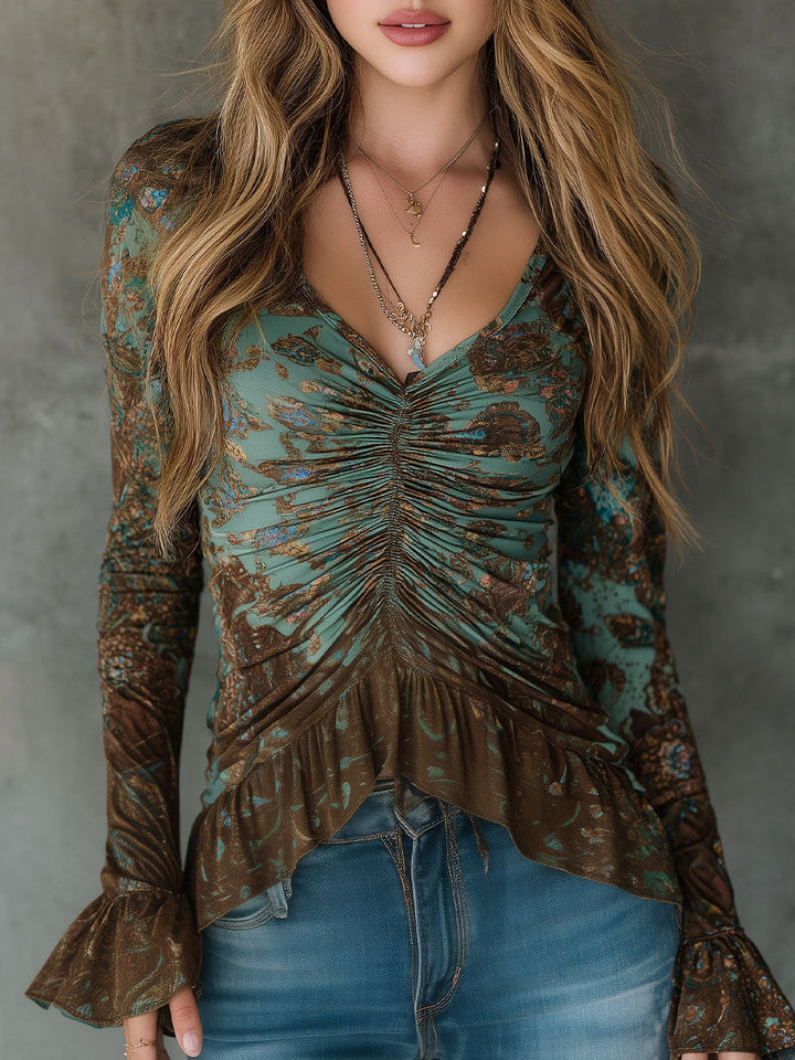 Blusa Boho Verde Salvia y Bronce con Volantes y Dobladillo Fruncido