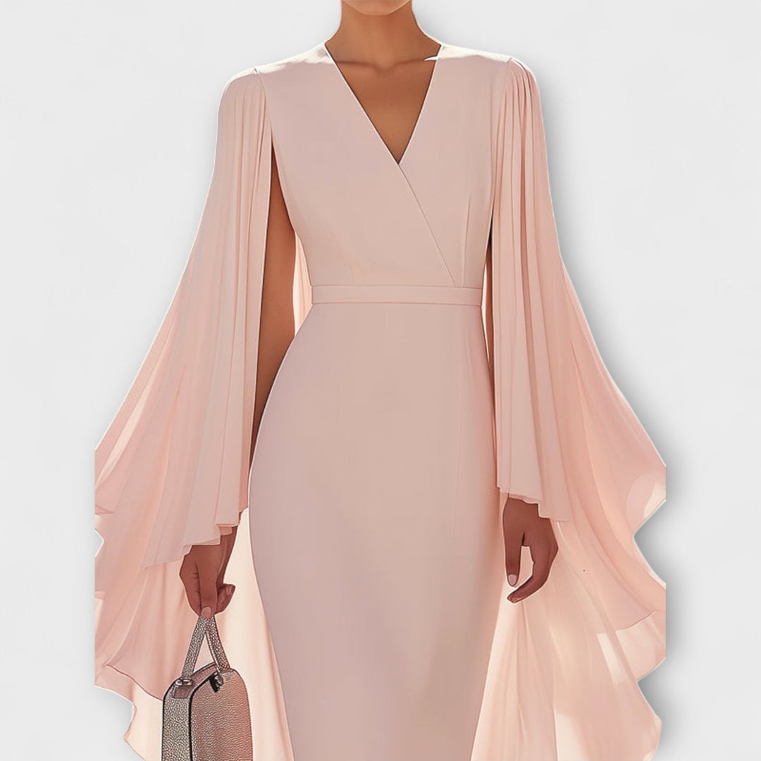 Rachel - Vestido midi rosa con escote en V y mangas de gasa