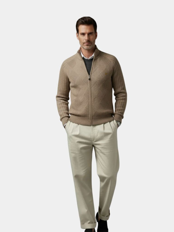Suéter Cárdigan Jacquard de Color Sólido con Cremallera