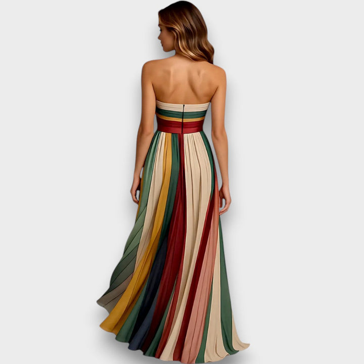 Melissa - Vestido maxi multicolor con rayas plisadas