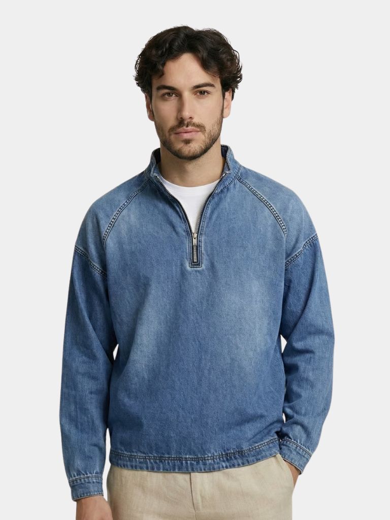 Chaqueta de Mezclilla Stonewash con Cierre de Cuarto