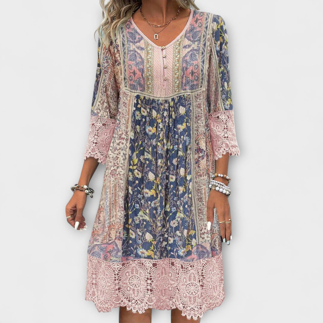 Casey - Vestido boho con encaje y patrón floral vintage