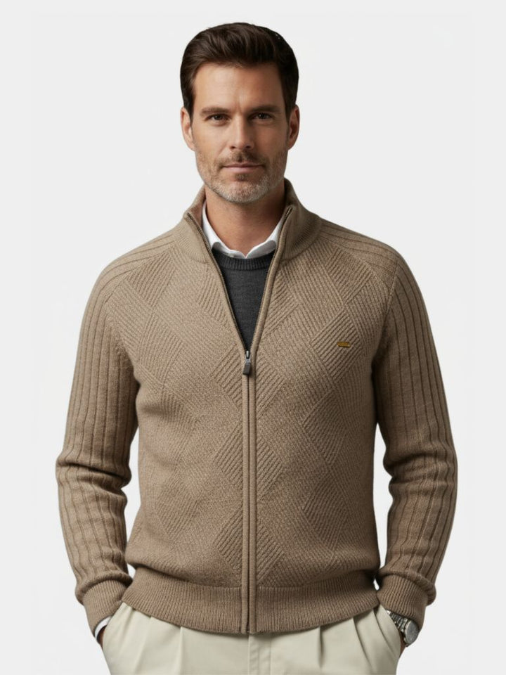 Suéter Cárdigan Jacquard de Color Sólido con Cremallera