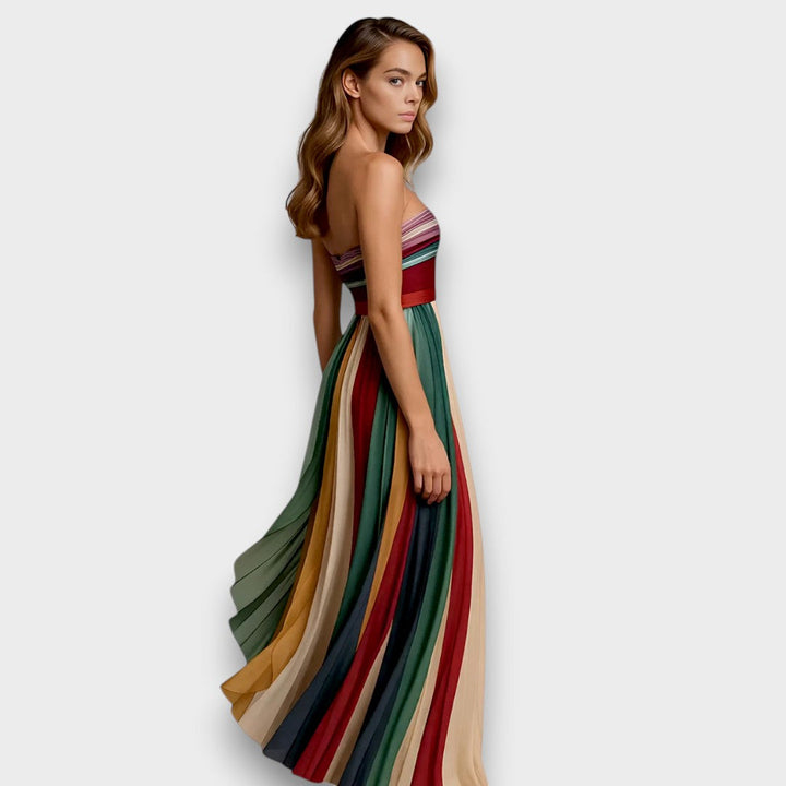 Melissa - Vestido maxi multicolor con rayas plisadas