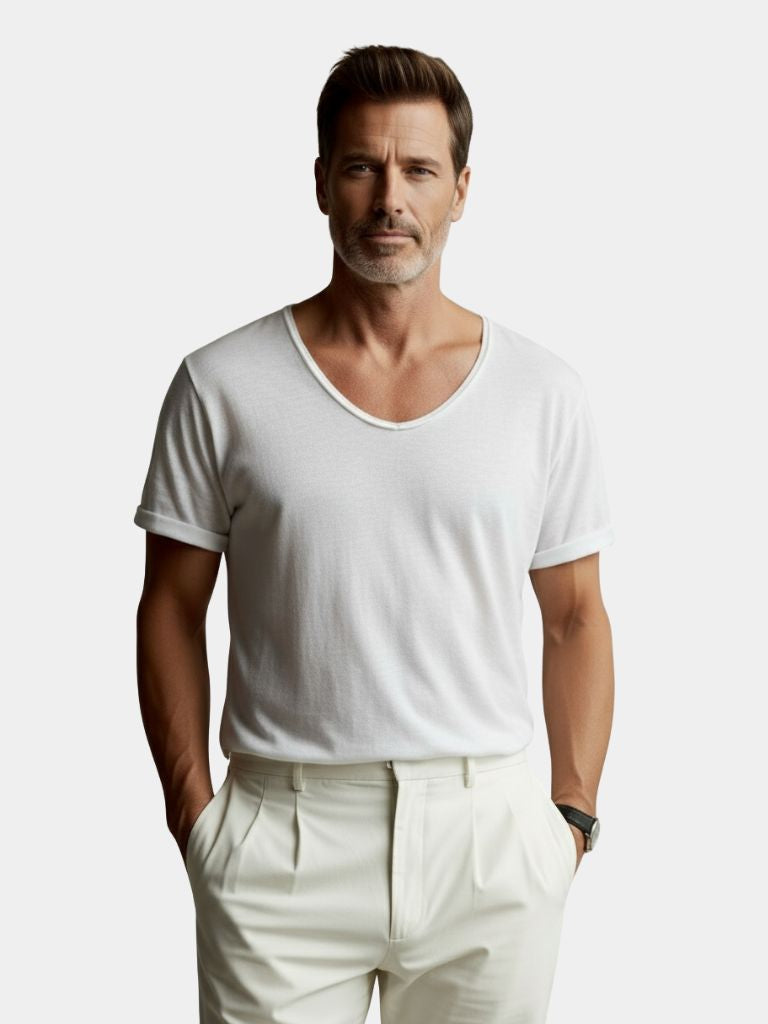 Camiseta Clásica de Lino Blanca con Cuello en V