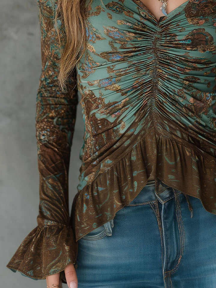 Blusa Boho Verde Salvia y Bronce con Volantes y Dobladillo Fruncido
