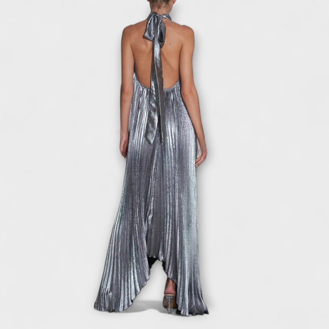 Calliope - Vestido maxi plisado metálico