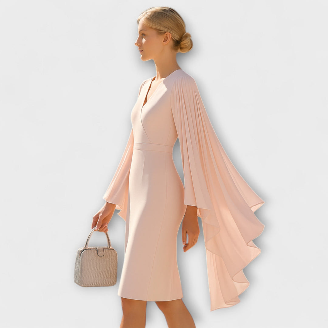 Rachel - Vestido midi rosa con escote en V y mangas de gasa