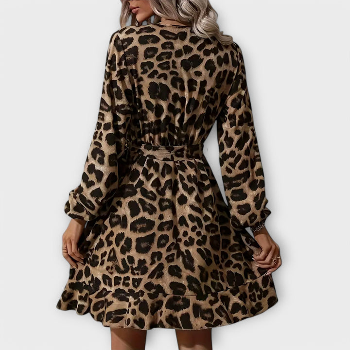 Vestido elegante con estampado de leopardo, con escote en V y cintas ajustables