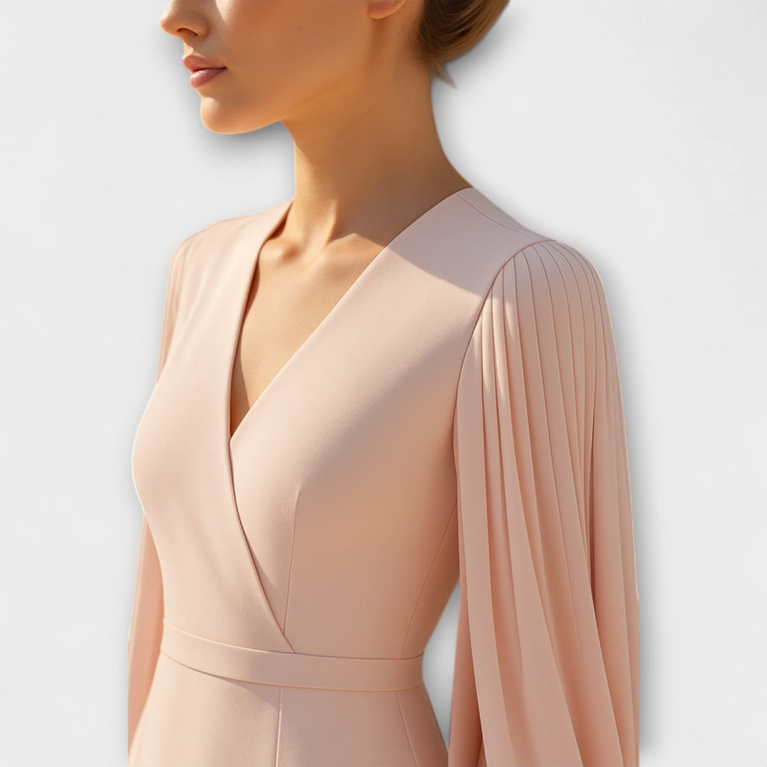 Rachel - Vestido midi rosa con escote en V y mangas de gasa