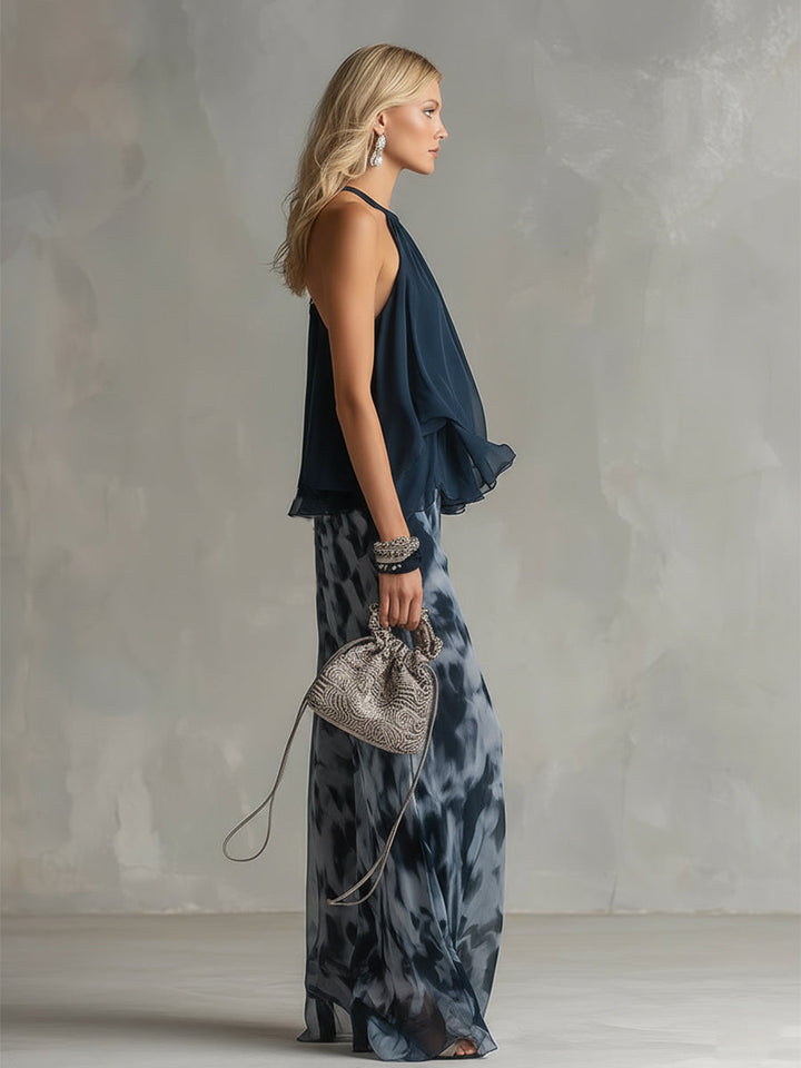 Ludovica | Conjunto de Top Halter Navy y Pantalones Anchos Impresos