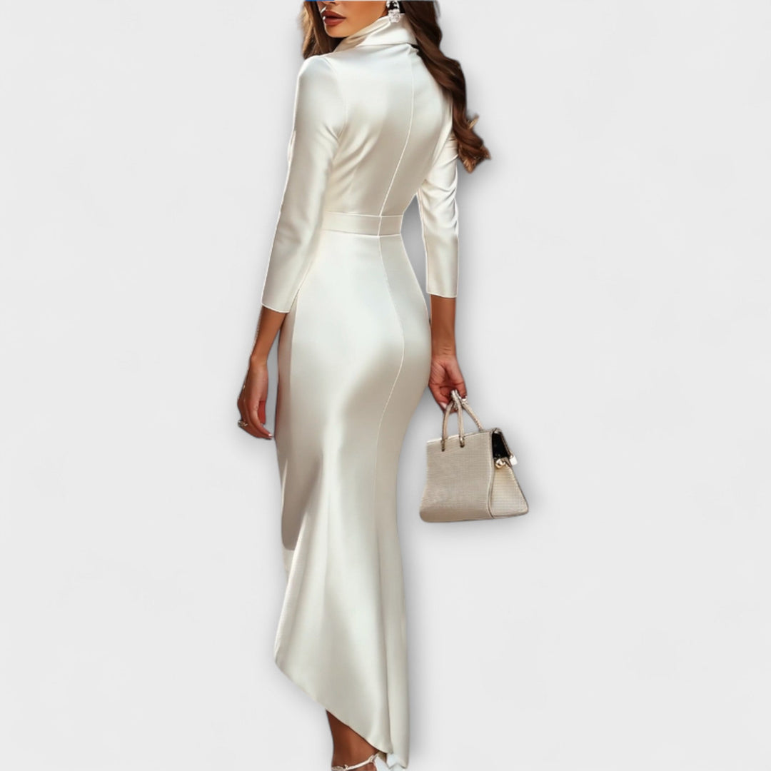 Rebecca - Vestido midi de satén con escote en V