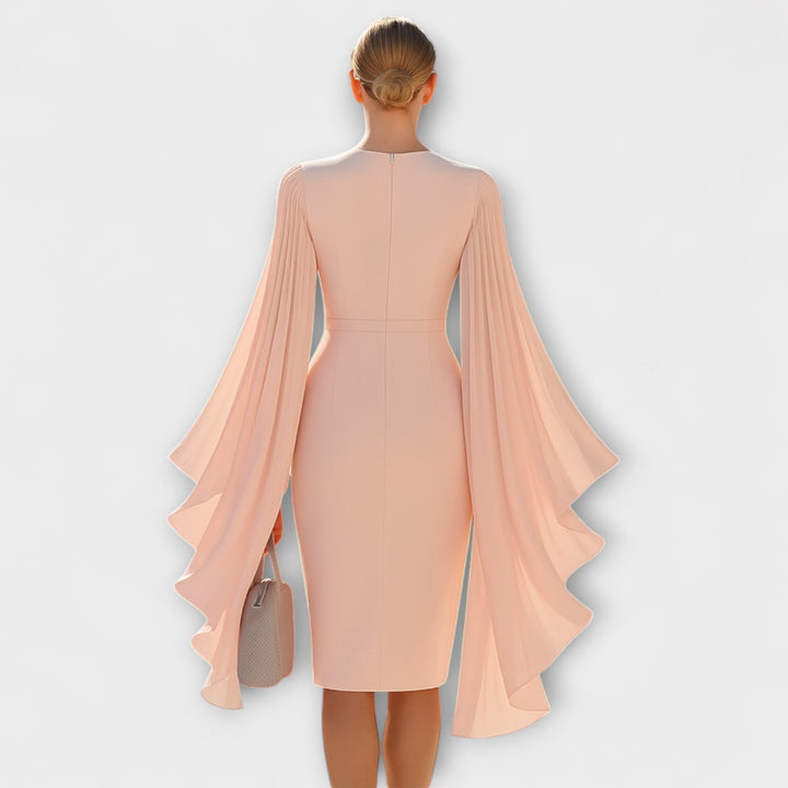 Rachel - Vestido midi rosa con escote en V y mangas de gasa