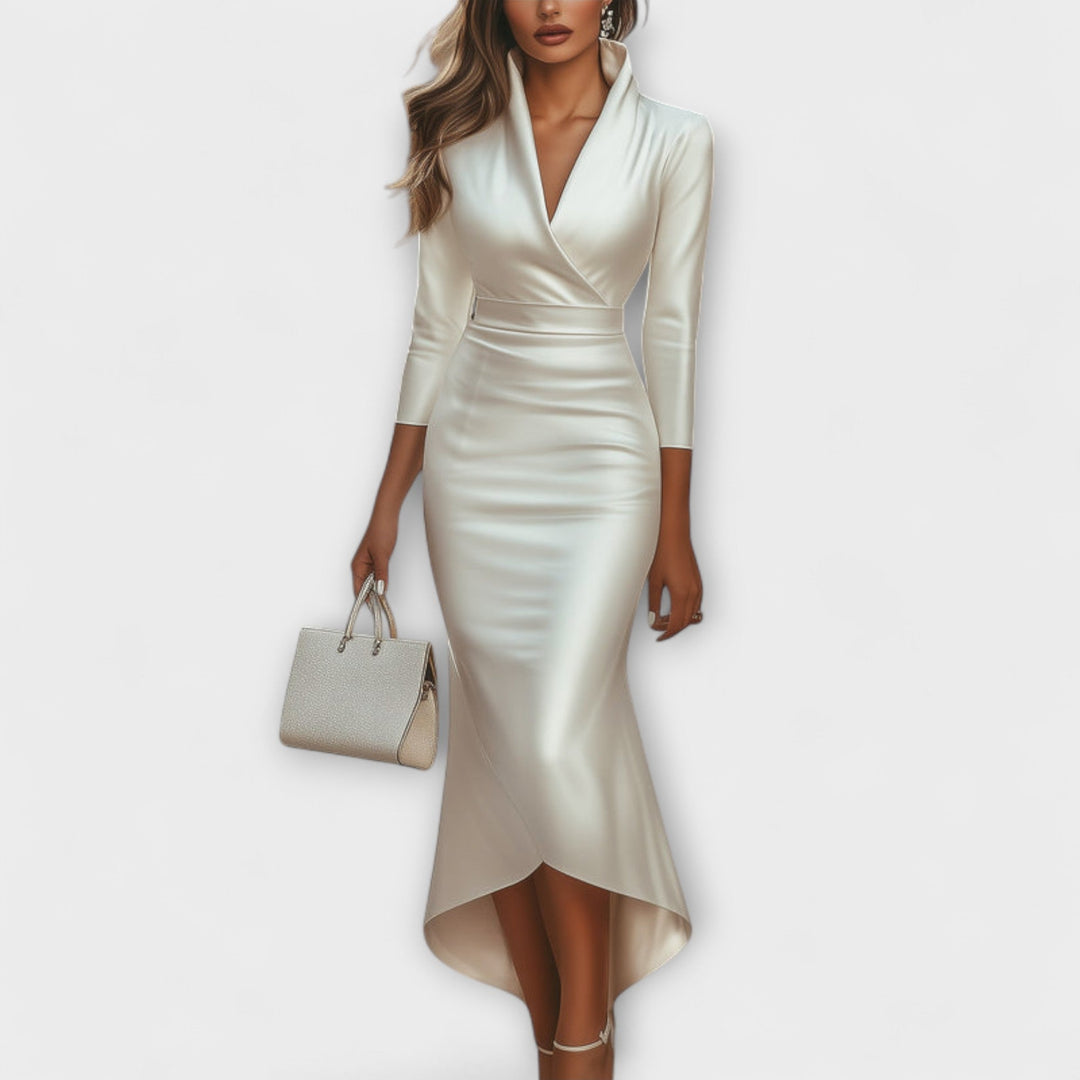 Rebecca - Vestido midi de satén con escote en V