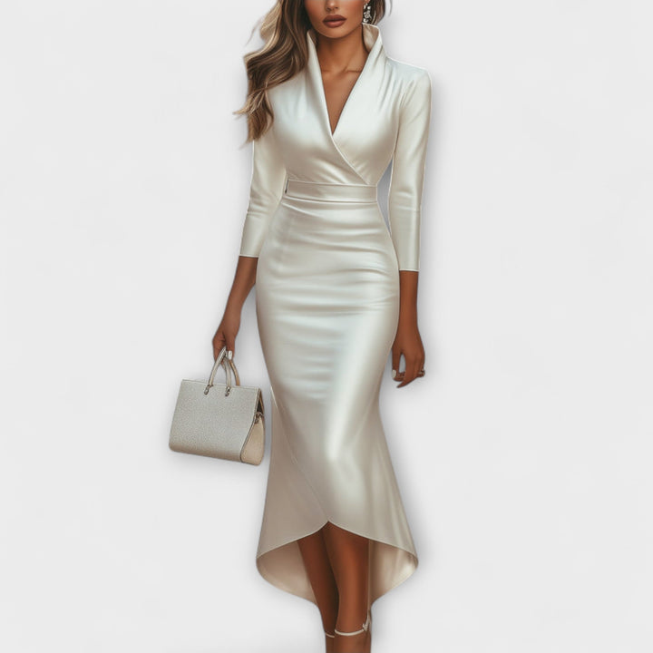 Rebecca - Vestido midi de satén con escote en V