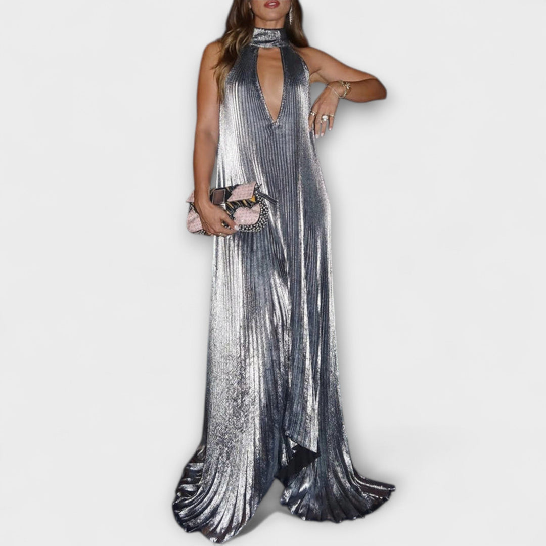 Calliope - Vestido maxi plisado metálico