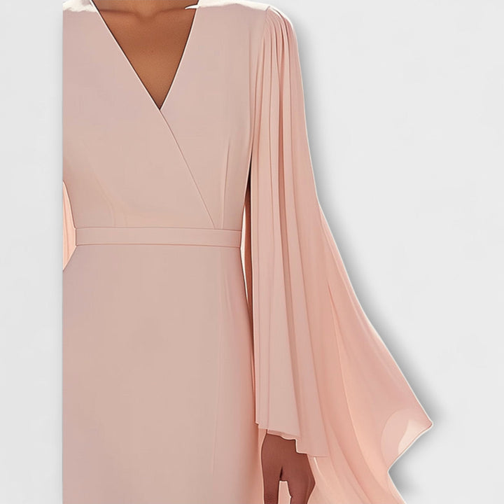 Rachel - Vestido midi rosa con escote en V y mangas de gasa