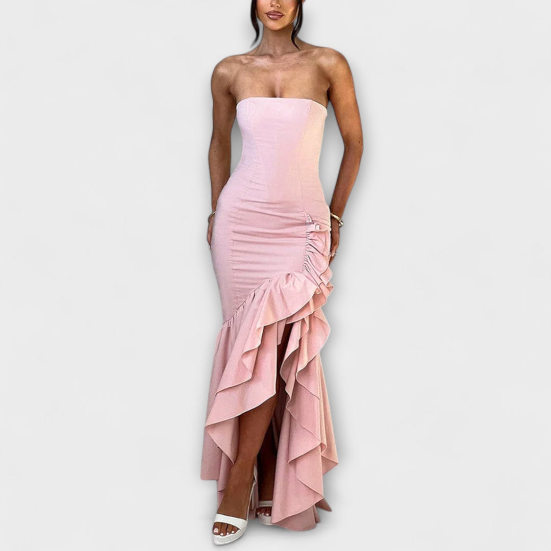 Zuri - Vestido maxi con hombros al descubierto y dobladillo asimétrico