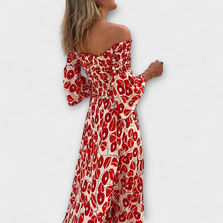 Bella - Vestido con hombros al descubierto y flores del océano