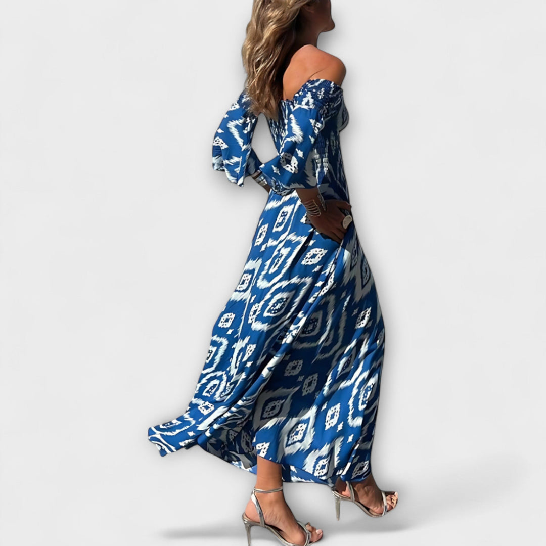 Bella - Vestido con hombros al descubierto y flores del océano