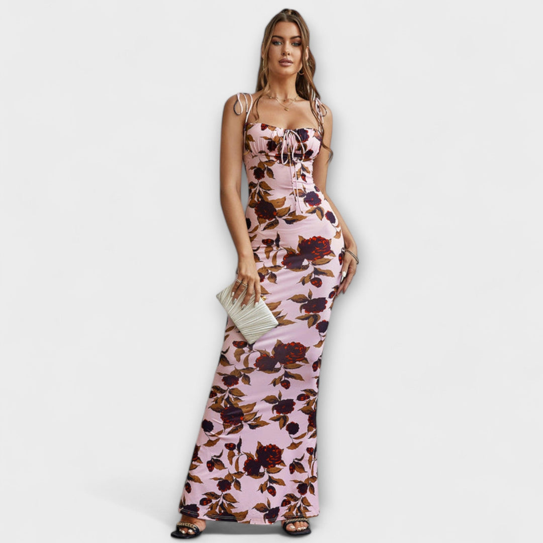 Thalia - Vestido de fiesta con estampado floral y tirantes atados