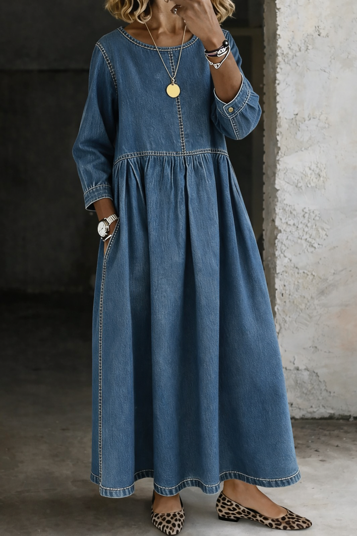 Melissa™ | Vestido de mezclilla con cuello redondo y mangas largas