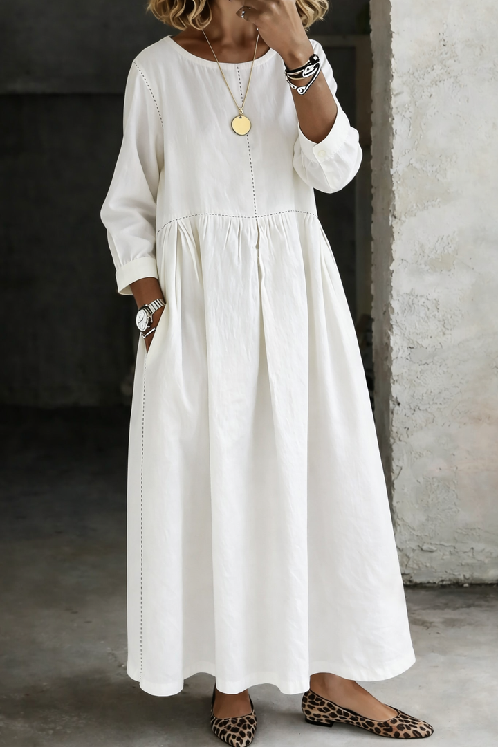 Melissa™ | Vestido de mezclilla con cuello redondo y mangas largas