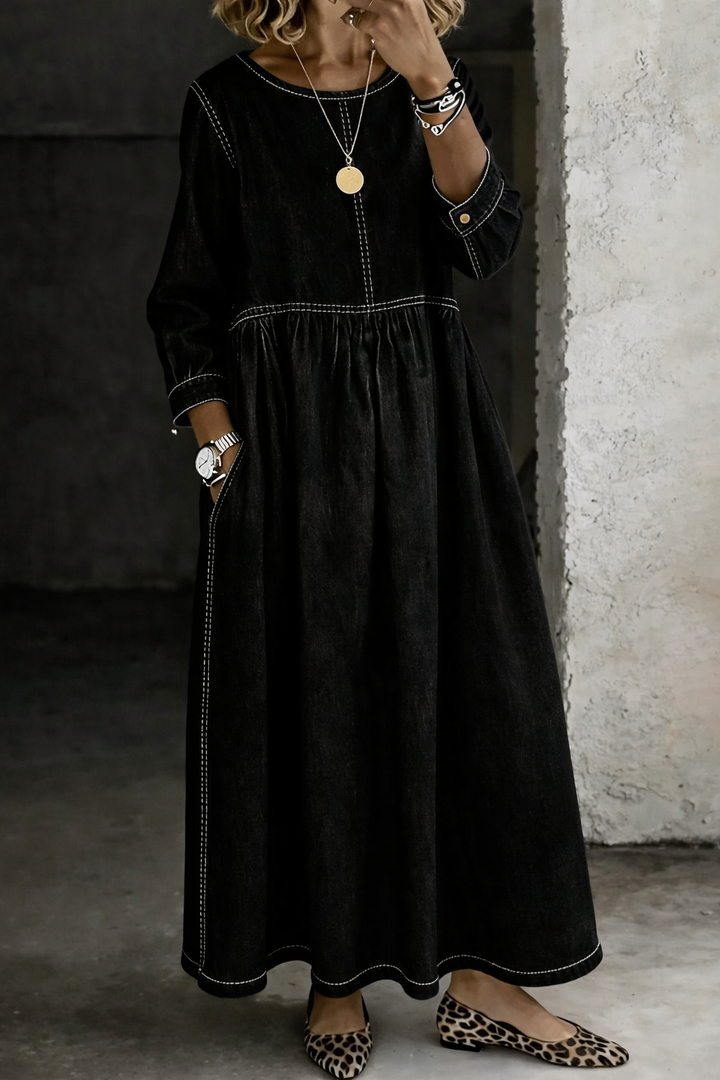 Melissa™ | Vestido de mezclilla con cuello redondo y mangas largas