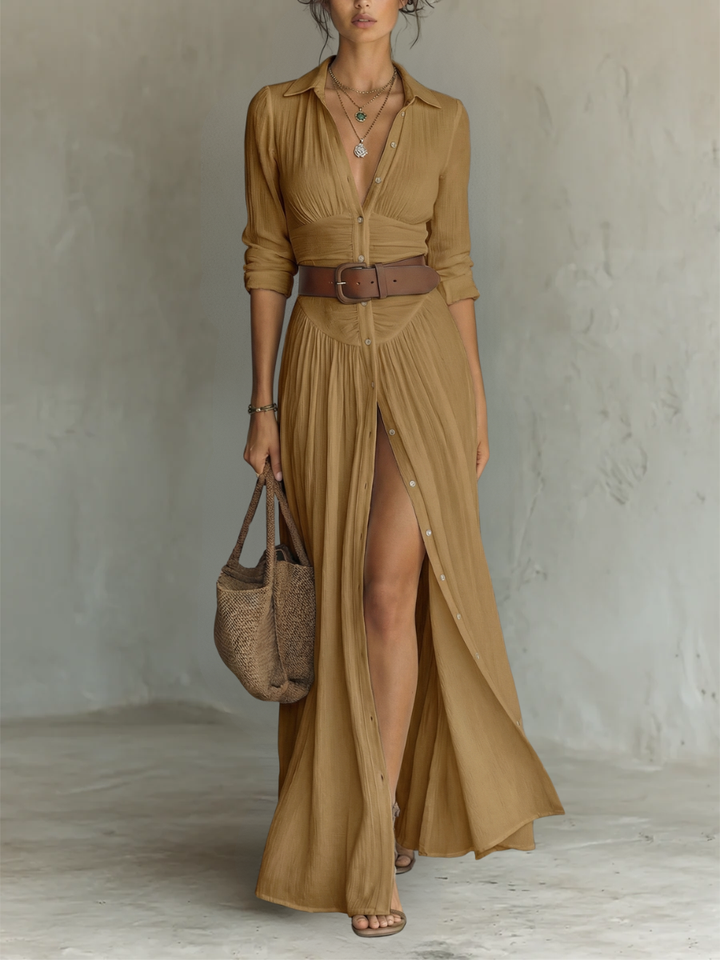 Vestido maxi largo para mujer con cuello de solapa y mangas largas de lino