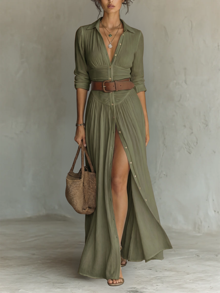 Vestido maxi largo para mujer con cuello de solapa y mangas largas de lino