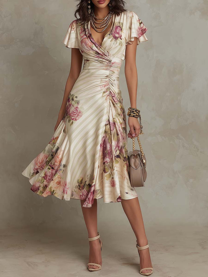 Alba | Elegante vestido midi con drapeado floral